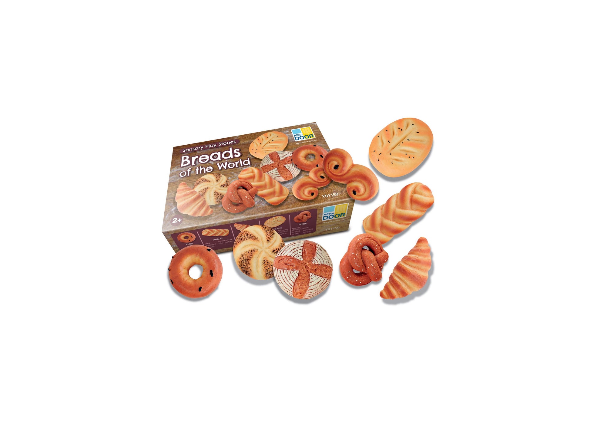 Sensory Play Stones Breads of the World set with box and various bread-shaped tactile pieces including croissant, bagel, pretzel, baguette, and donut