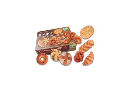Sensory Play Stones Breads of the World set with box and various bread-shaped tactile pieces including croissant, bagel, pretzel, baguette, and donut