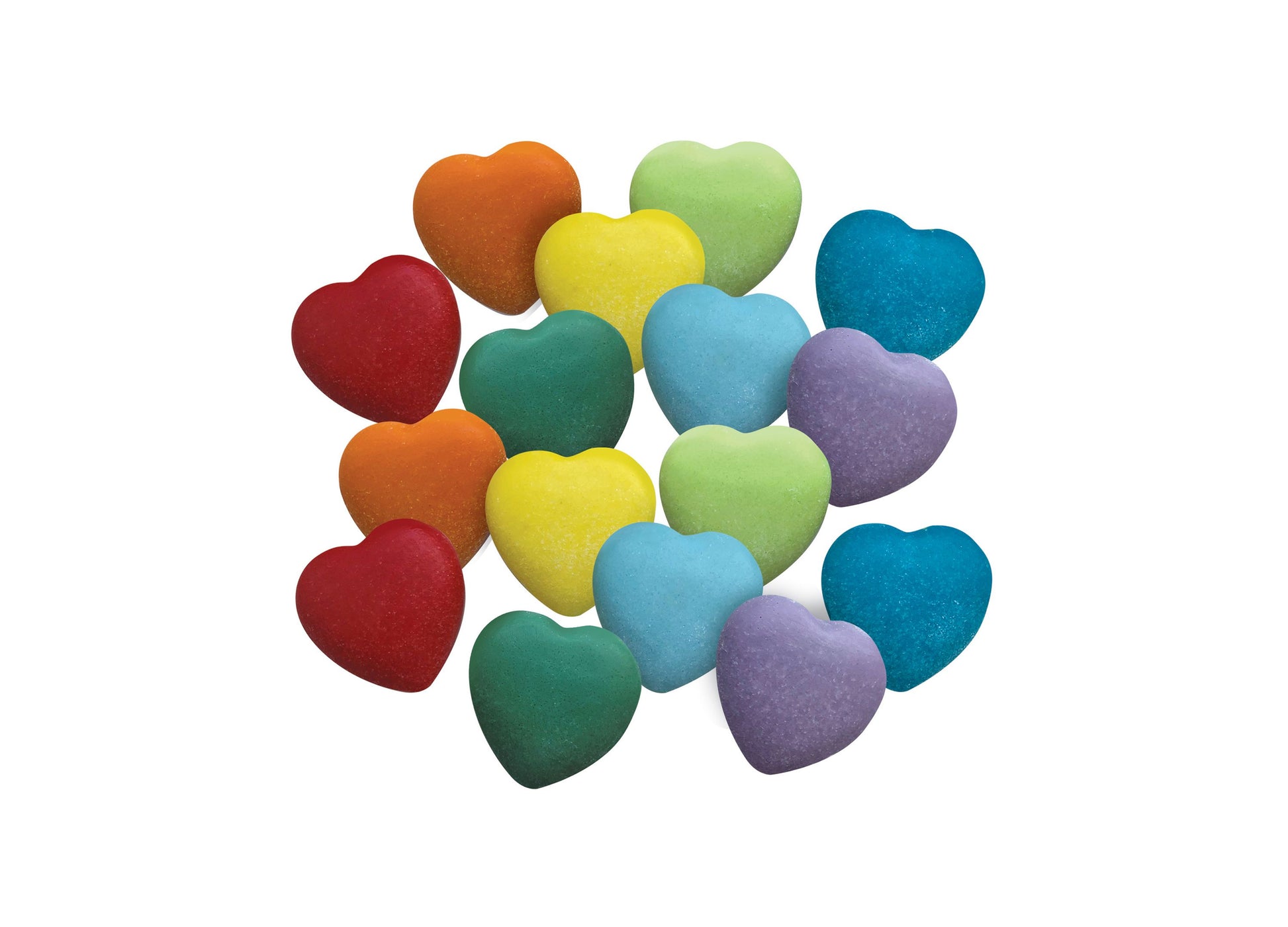 Collection of colorful heart-shaped stones in red, orange, yellow, green, light blue, dark teal, and purple arranged on white background