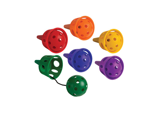 Six colorful perforated plastic balls in red, orange, yellow, green, blue, and purple with matching cup catchers attached