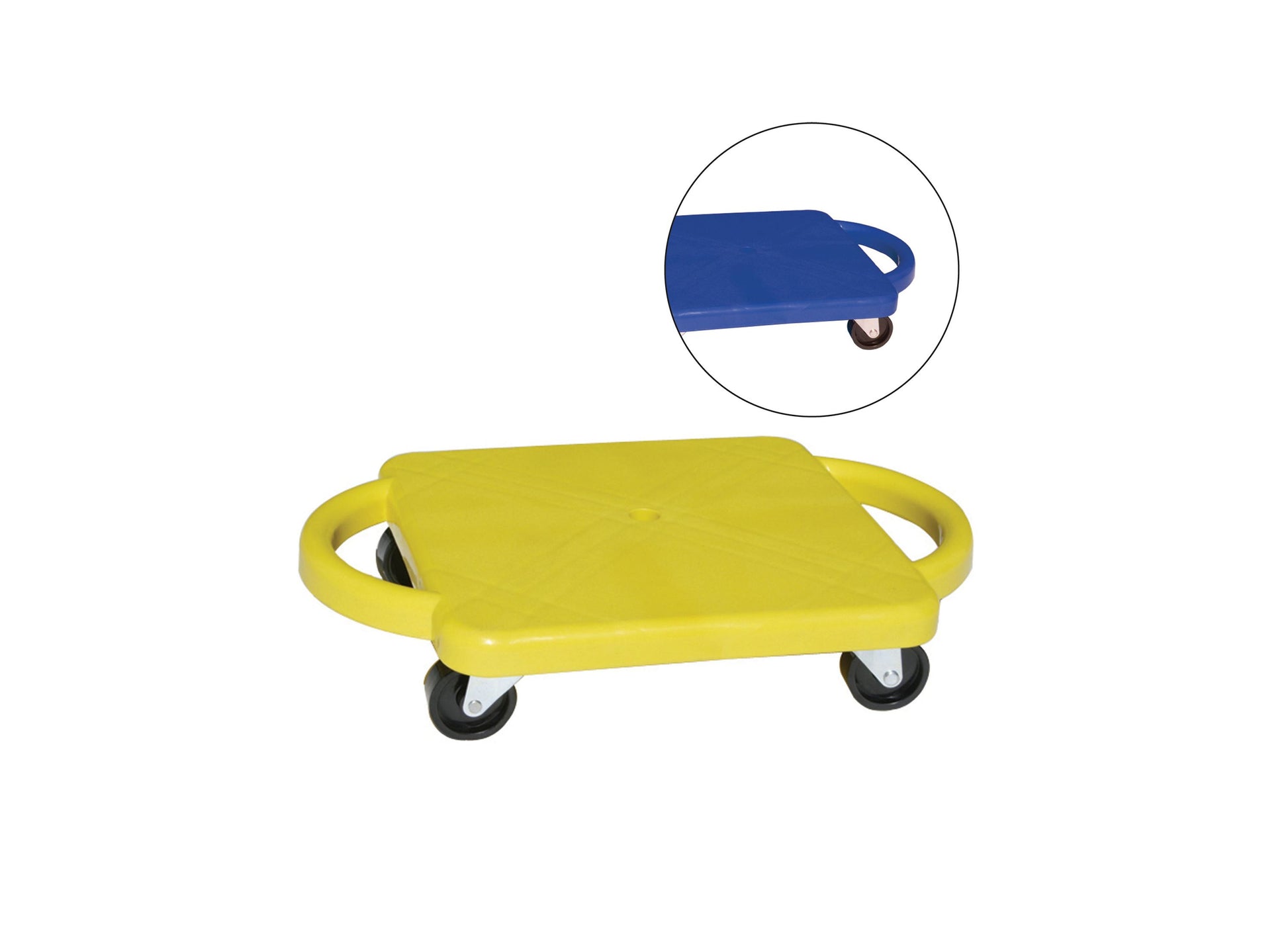 Yellow scooter with handles on sides and black wheels; inset circle shows blue scooter detail
