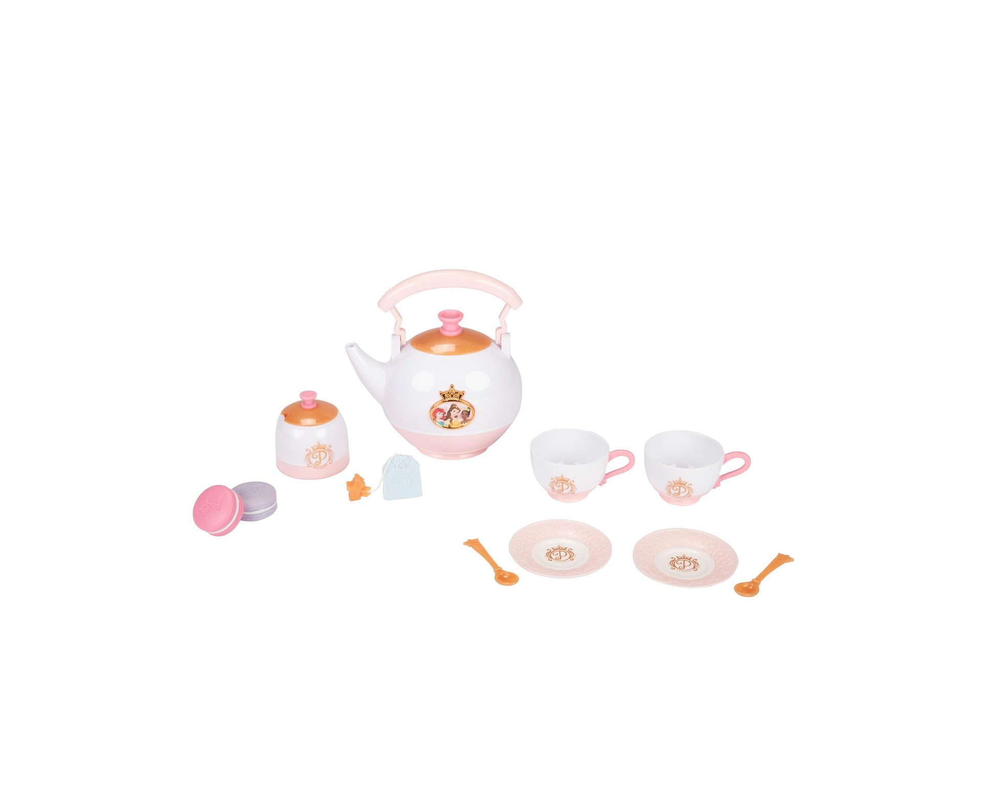 Disney Princess Style Collection tea set with white and pink teapot, sugar bowl, two teacups, two plates, spoons, and accessories on plain background