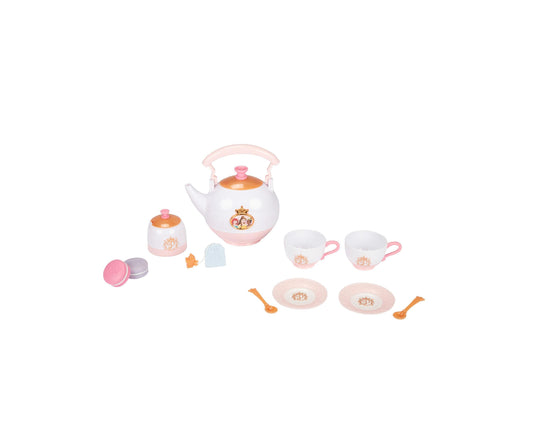 Disney Princess Style Collection tea set with white and pink teapot, sugar bowl, two teacups, two plates, spoons, and accessories on plain background