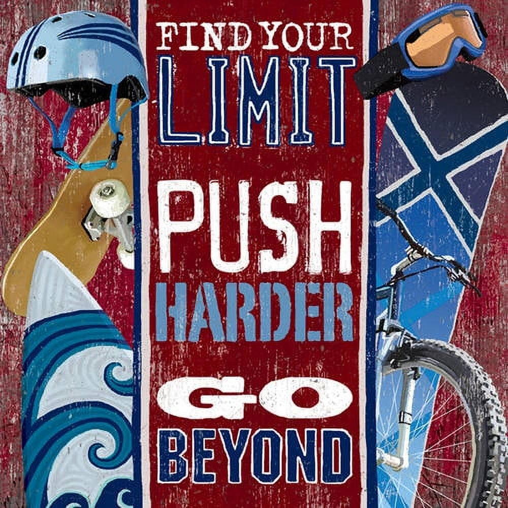 Find Your Limit Push Harder Go Beyond motivational banner with skateboard, blue helmet, and snowboard imagery on red distressed wood background
