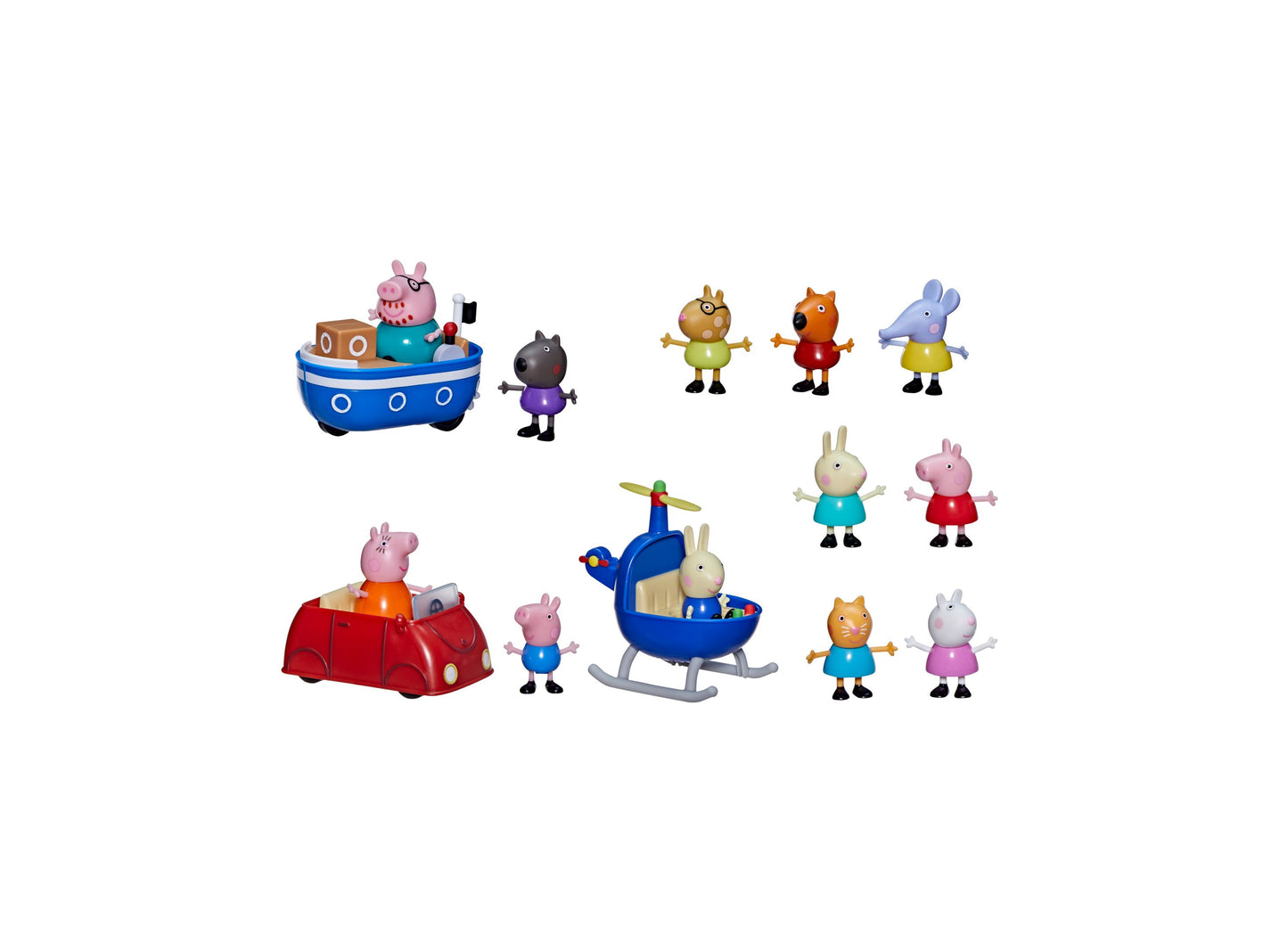 Peppa Pig Away We Go Playset with blue boat, red car, blue helicopter, and multiple character figures including Peppa Pig, George, and animal friends