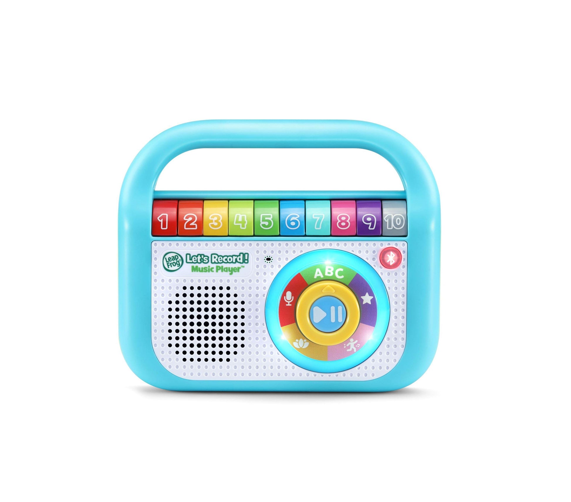 LeapFrog Let's Record Music Player with bright blue handle, colorful numbered keys 1-10, speaker grille, and rainbow dial control with ABC and music symbols on