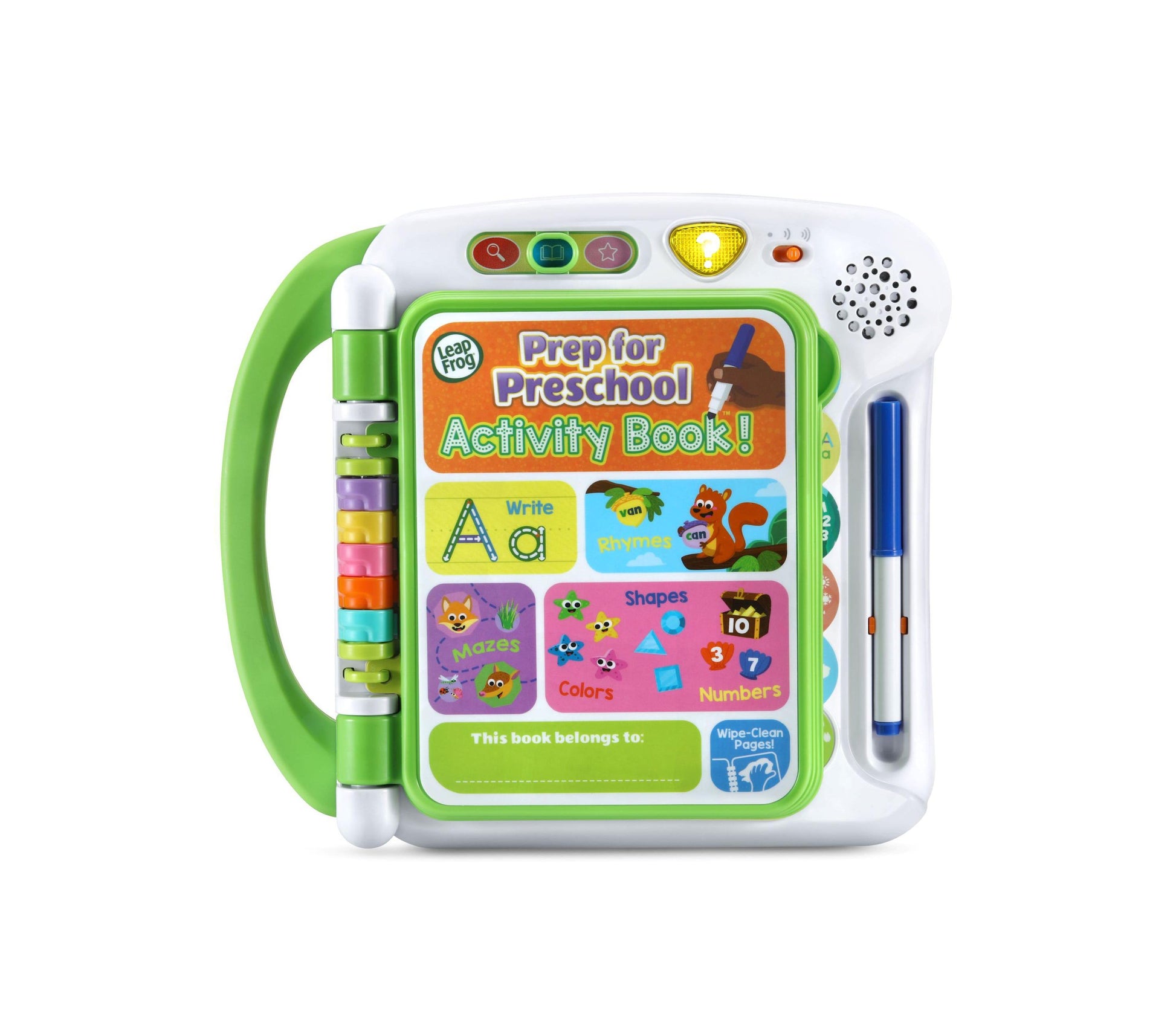 LeapFrog Prep for Preschool Activity Book with green handle and wipe-clean pages