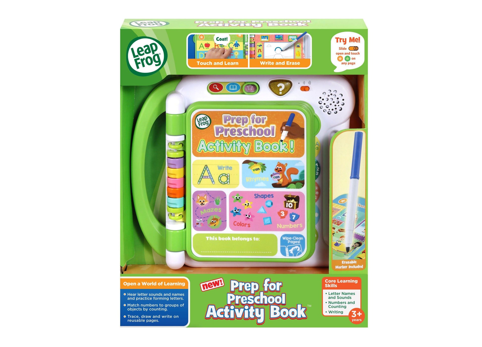LeapFrog Prep for Preschool Activity Book with green case, interactive pen, and wipe-clean pages