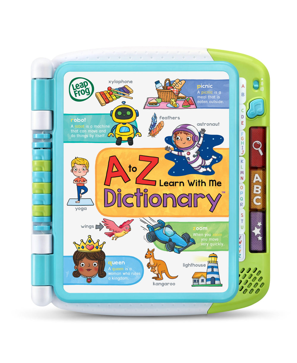LeapFrog A to Z Learn With Me Dictionary with turquoise and green casing, colorful alphabet pages, interactive buttons, and stylus pen