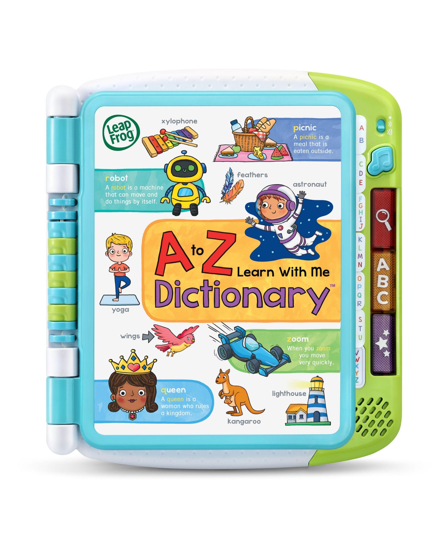 LeapFrog A to Z Learn With Me Dictionary with turquoise and green casing, colorful alphabet pages, interactive buttons, and stylus pen