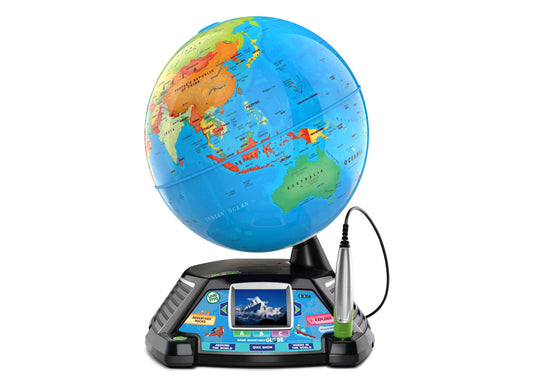 LeapFrog Magic Adventures Globe with interactive base featuring small screen, stylus pen, and colorful buttons for educational games and world exploration