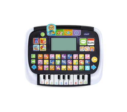 VTech Little Apps Light-Up Tablet with colorful letter and number buttons, piano keys at bottom, green screen display, and interactive app icons on black backgr