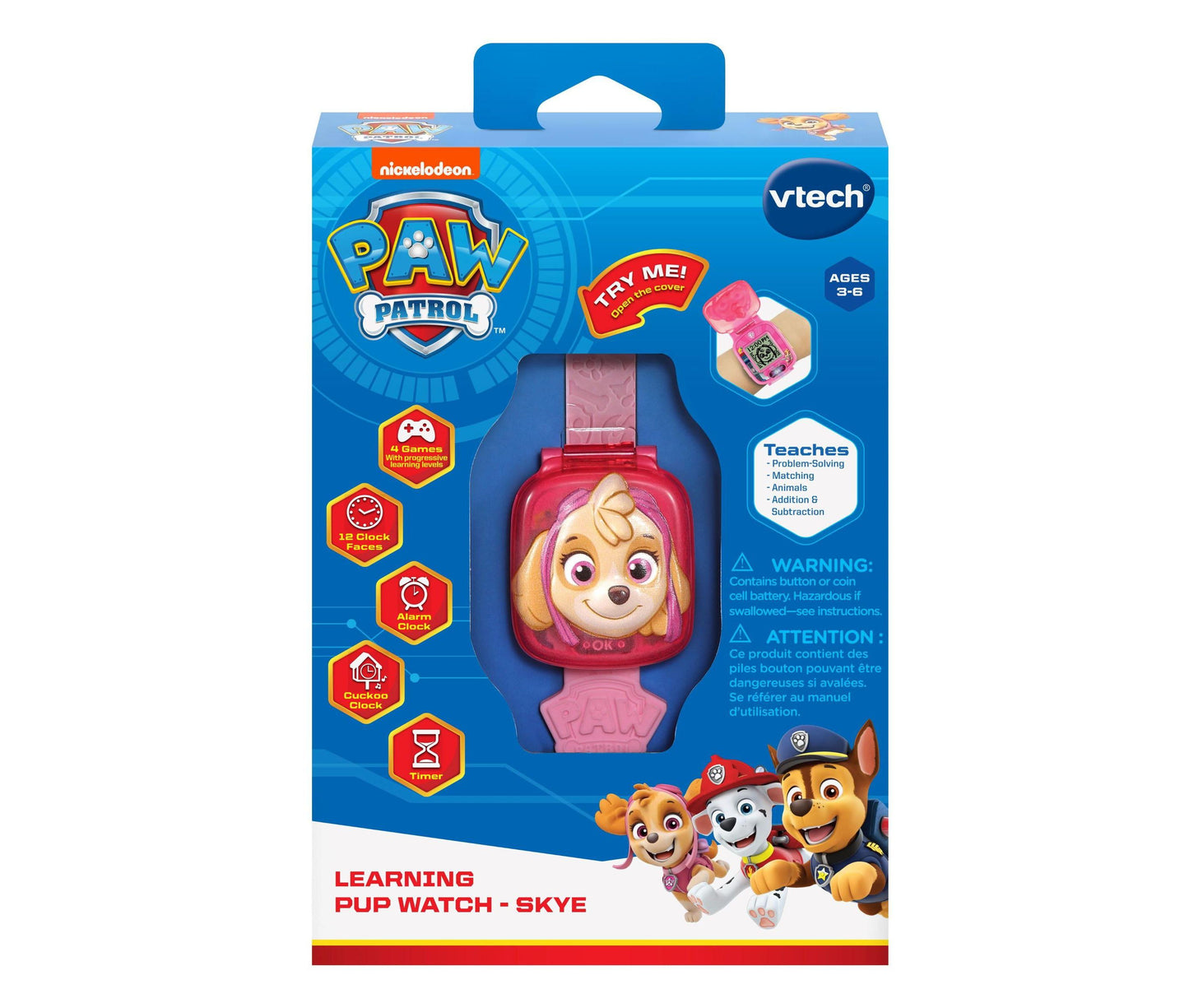 VTech PAW Patrol Learning Pup Watch in pink featuring Skye character with educational games and clock functions
