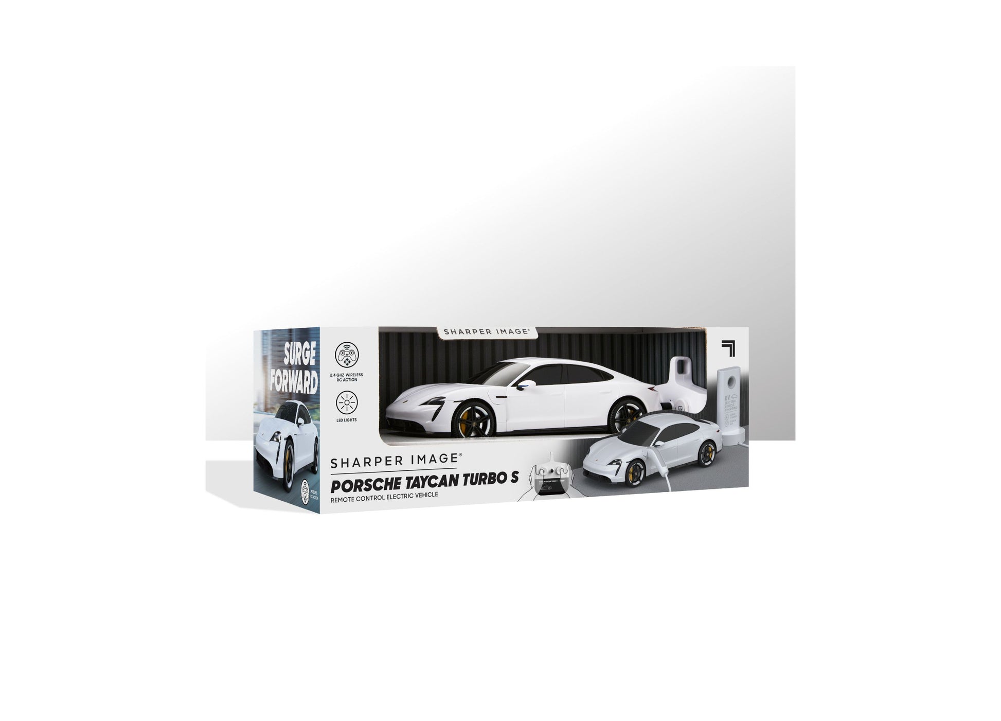 Sharper Image Porsche Taycan Turbo S white remote control electric car with charging dock