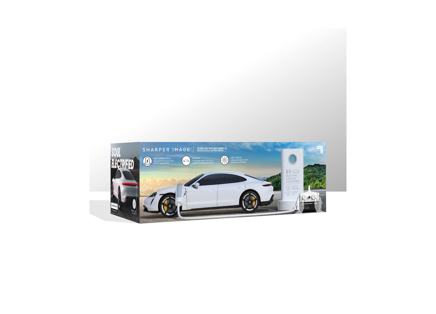Sharper Image Porsche Taycan Turbo S white RC electric car with charging station