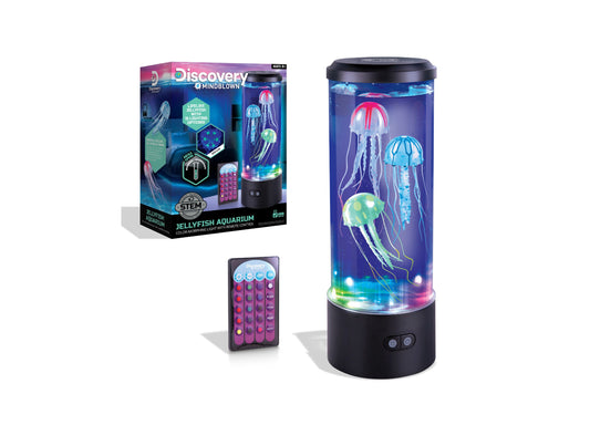 Discovery #MINDBLOWN Jellyfish Aquarium Lamp Set showing cylindrical lamp with glowing jellyfish, remote control, and product box packaging