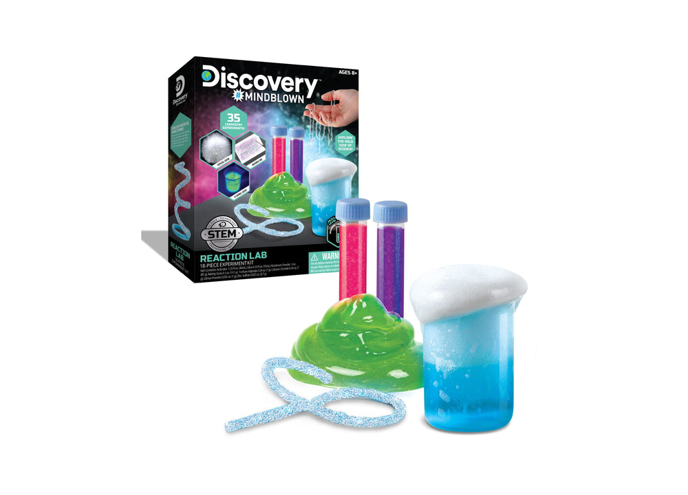 Discovery #MINDBLOWN Reaction Lab 18-piece science experiment kit with box, colorful chemical liquids in bottles, green slime, blue foam substance, and glittery