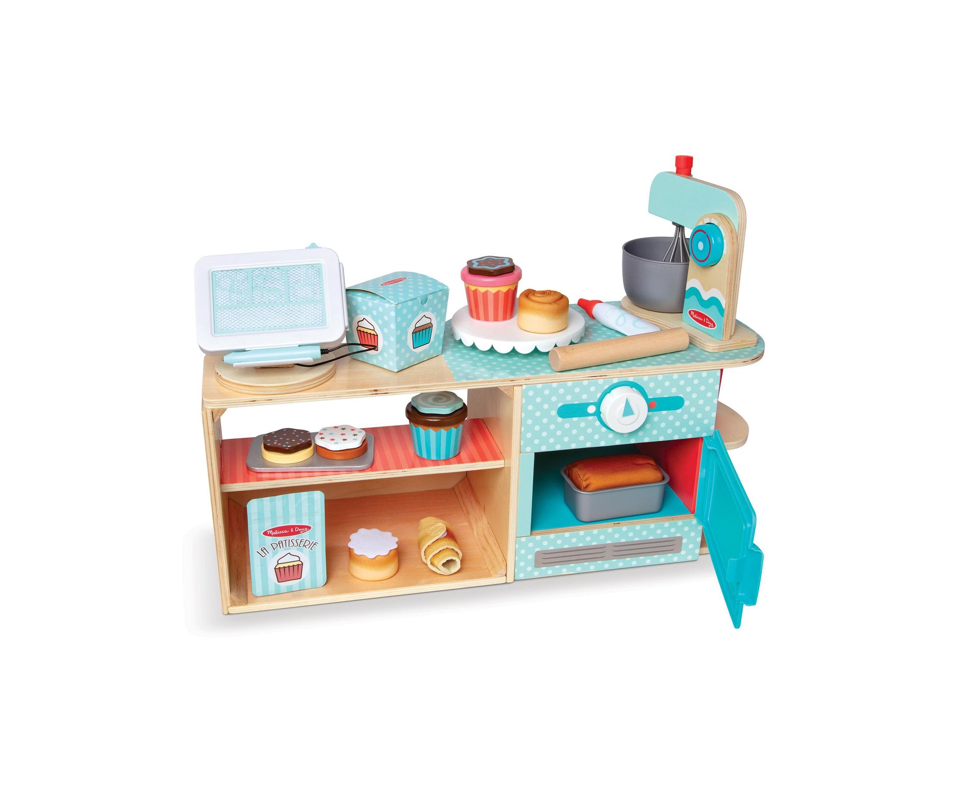 Wooden bakery play set with turquoise and natural wood accents, featuring a microwave, oven, mixing bowl, rolling pin, cupcakes, pastries, and baked goods acces
