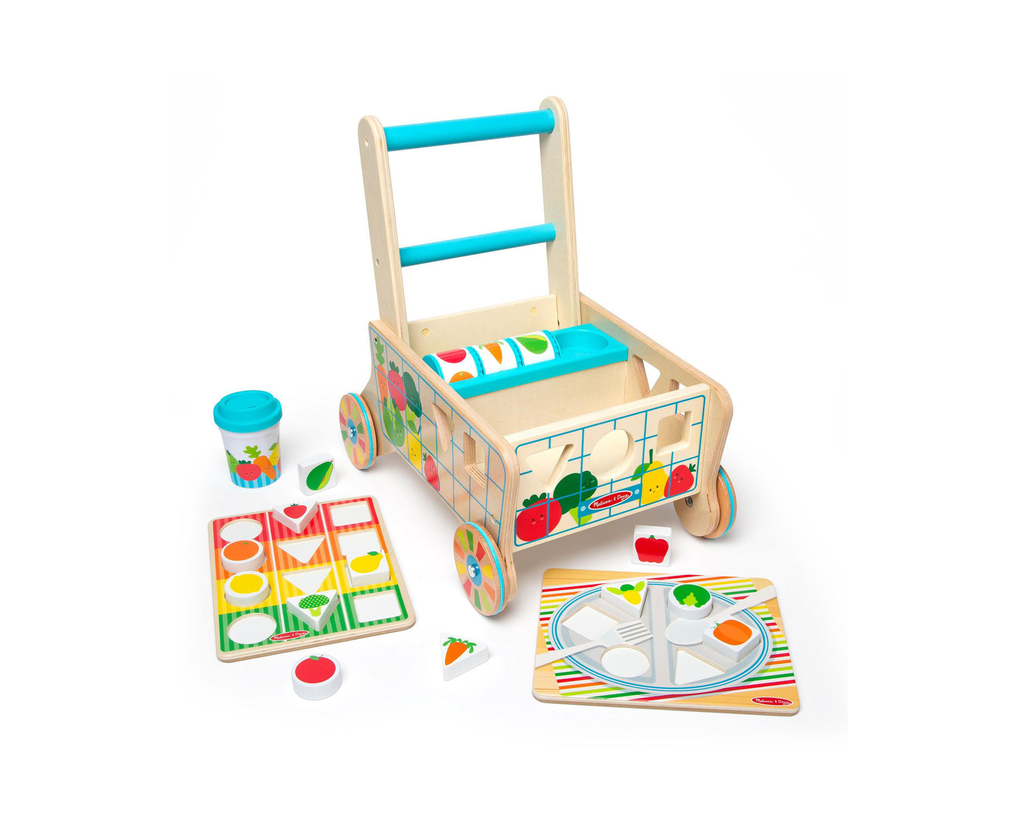 Wooden grocery cart with blue handles and colorful fruit designs, displayed with shape-sorting puzzle board, dishes plate, cup, and play food pieces