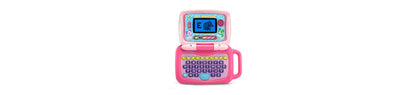 LeapFrog 2-in-1 Laptop Touch Learning System in pink with hinged screen display and colorful keyboard buttons, shown on plain background
