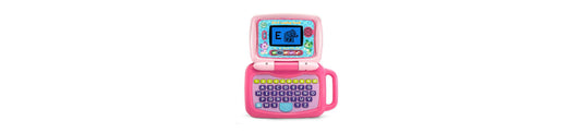 LeapFrog 2-in-1 Laptop Touch Learning System in pink with hinged screen display and colorful keyboard buttons, shown on plain background