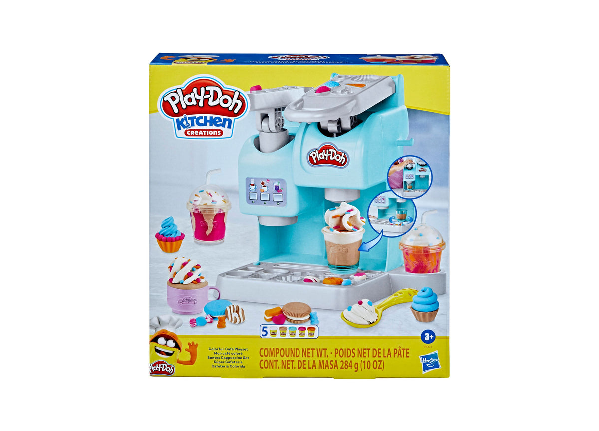 Play-Doh Kitchen Creations Colorful Cafe Playset with turquoise coffee maker, cups, and colorful pretend food accesso...