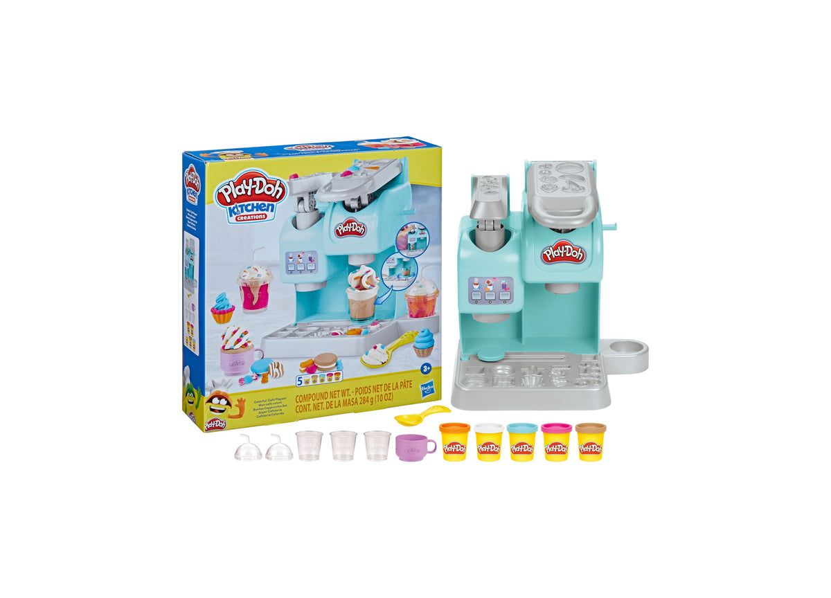 Play-Doh Kitchen Creations Colorful Cafe Playset in turquoise with coffee maker, cups, and five colorful Play-Doh cans