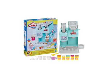 Play-Doh Kitchen Creations Colorful Cafe Playset in turquoise with coffee maker, cups, and five colorful Play-Doh cans