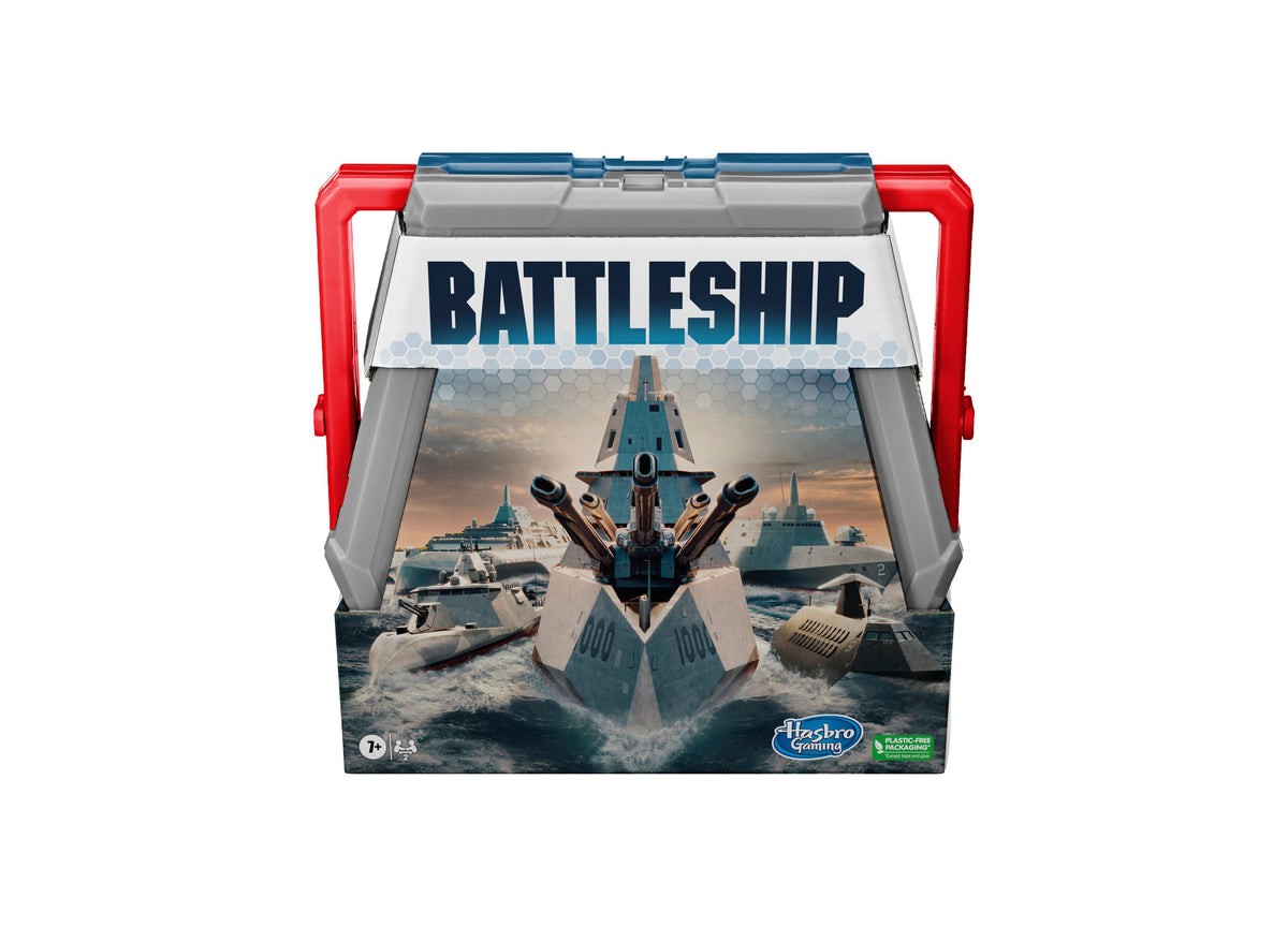 Hasbro Battleship Classic Naval Combat Strategy Board Game with red handles and blue battleship imagery