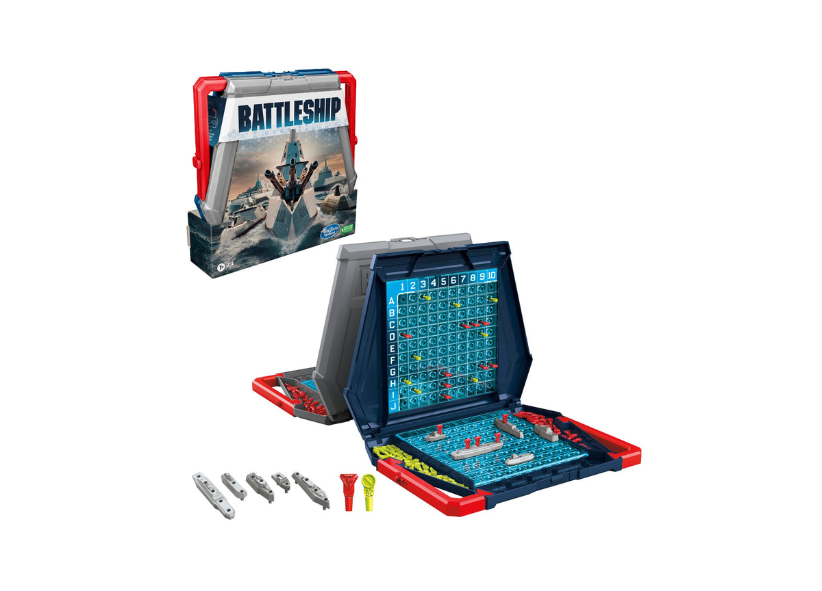 Hasbro Battleship Classic Naval Combat Strategy Board Game with red and blue battle cases, grid boards, and ship pieces