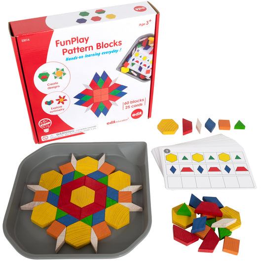 FunPlay Pattern Blocks set showing colorful wooden hexagons, diamonds, trapezoids, and triangles in red, yellow, blue, orange, and green, with gray tray, activi