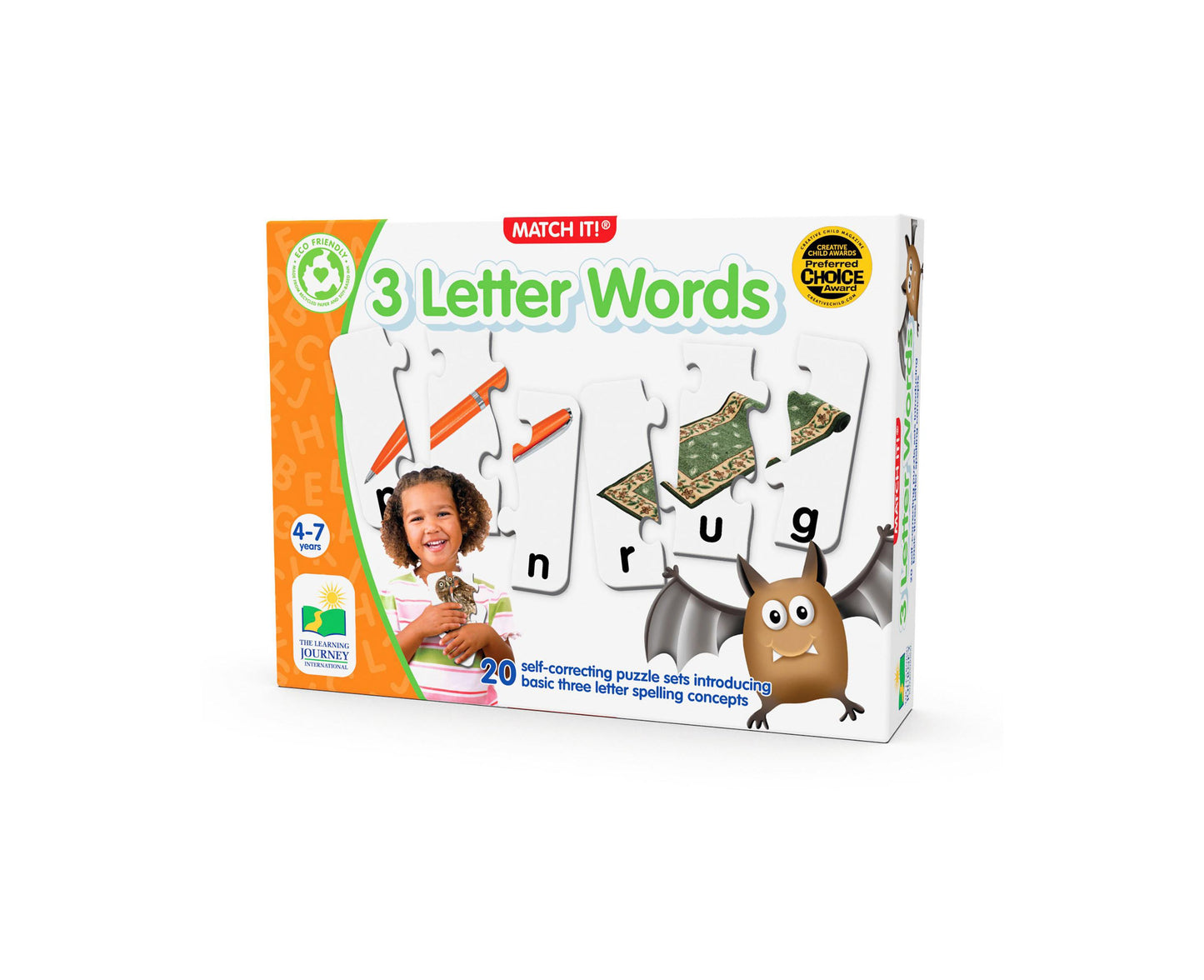 Match It! 3 Letter Words puzzle game box showing a child on model holding puzzle pieces, with word cards displaying letters n, r, u, g and illustrated pieces in