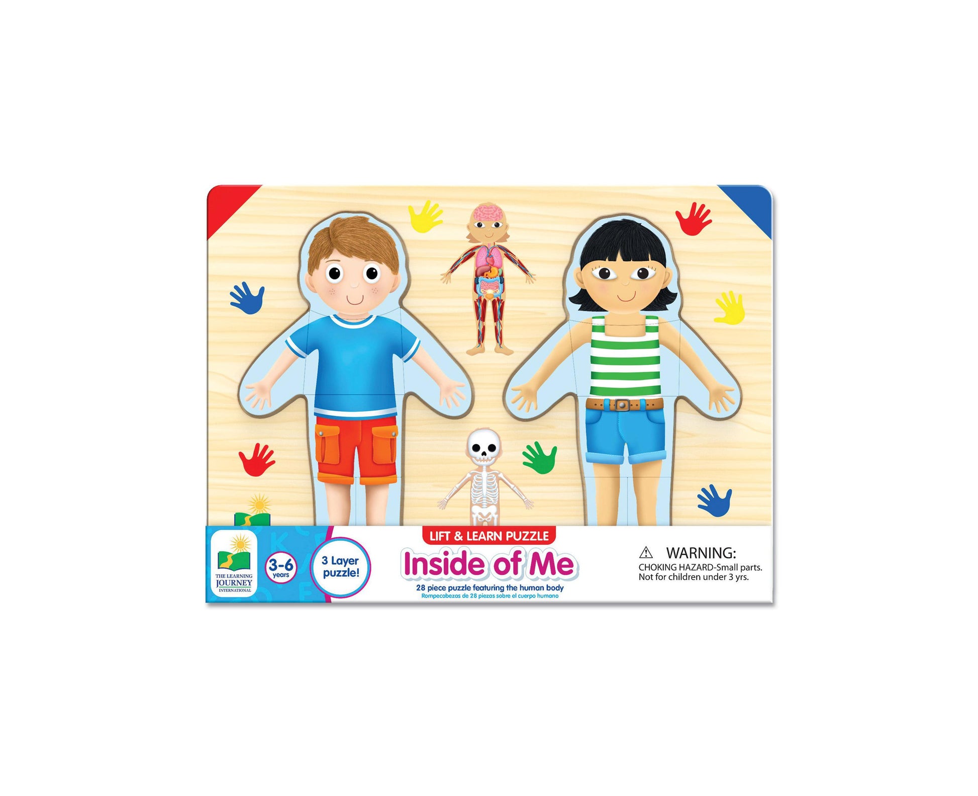 Lift & Learn Puzzle Inside of Me showing boy and girl figures with colorful hand cutouts and skeleton anatomy layer in center, 28-piece educational puzzle