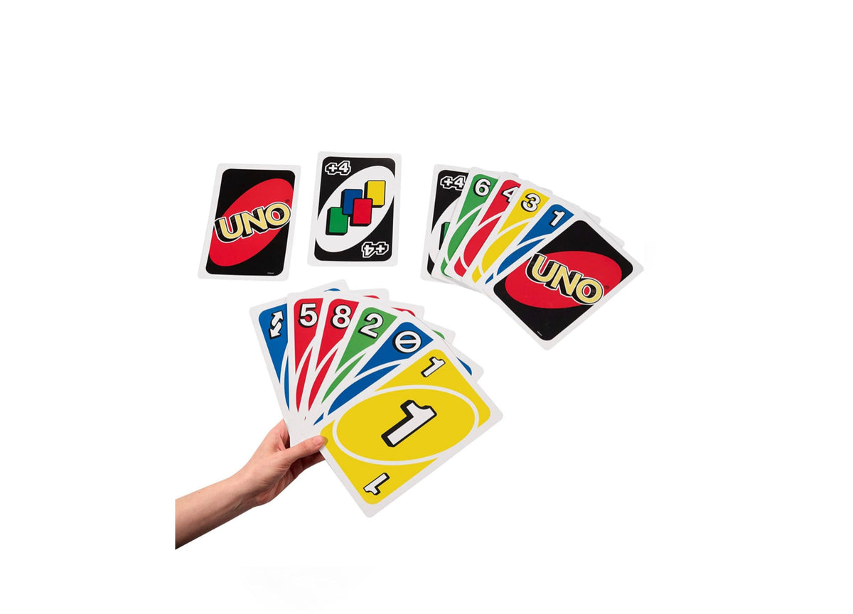 Giant UNO Card Game with oversized colored cards in blue, red, green, and yellow displayed in a hand and fanned layout