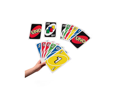 Giant UNO Card Game with oversized colored cards in blue, red, green, and yellow displayed in a hand and fanned layout