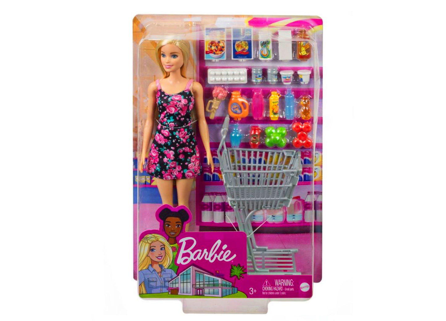 Barbie doll wearing pink floral dress with supermarket playset including shopping cart, shelves stocked with colorful grocery items and accessories