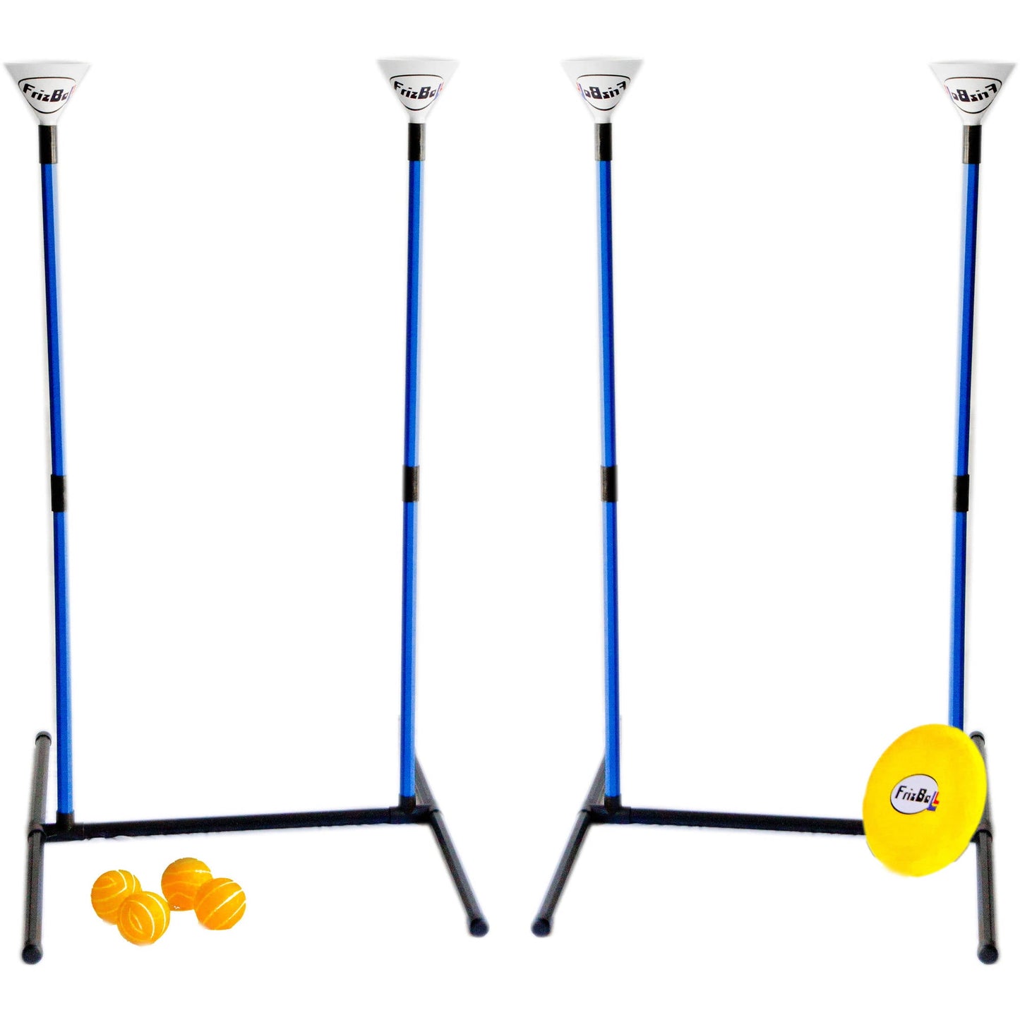 Frizball outdoor disc challenge game set with four blue poles with white catch cups, black base frame, yellow disc, and orange balls