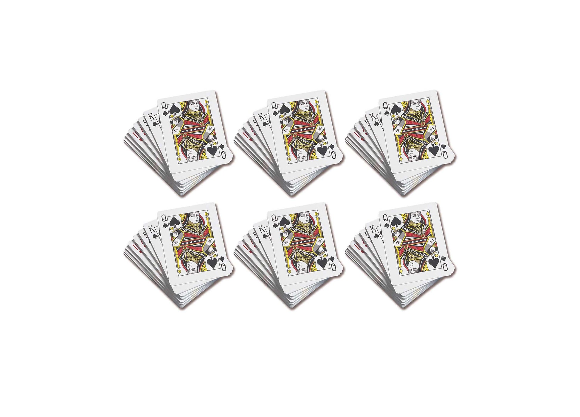 Six decks of standard playing cards with queen and king character designs, fanned to show face cards on plain white background