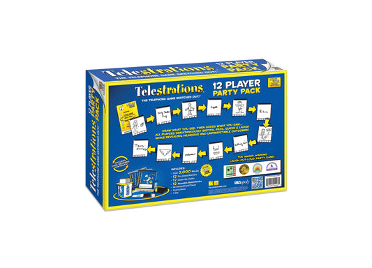 Telestrations 12 Player Party Pack board game box showing blue and yellow packaging with game instructions and included components