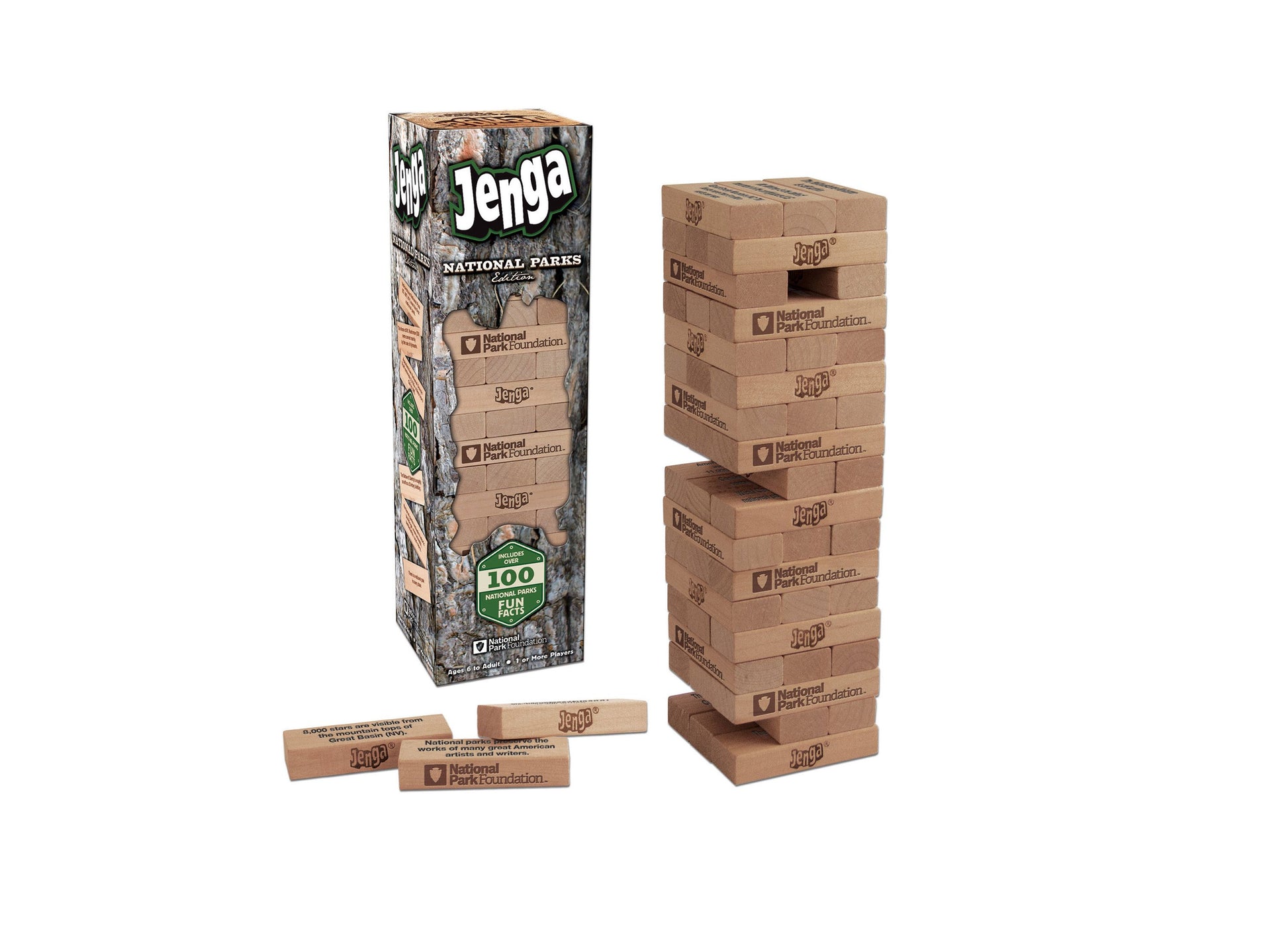 Jenga National Parks Edition with wooden blocks stacked in tower formation, game box, and loose blocks displayed
