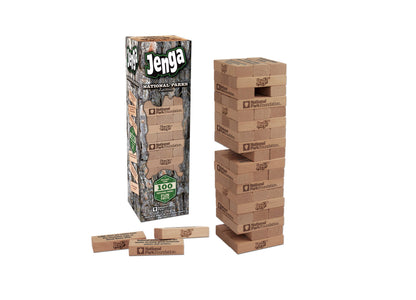 Jenga National Parks Edition with wooden blocks stacked in tower formation, game box, and loose blocks displayed