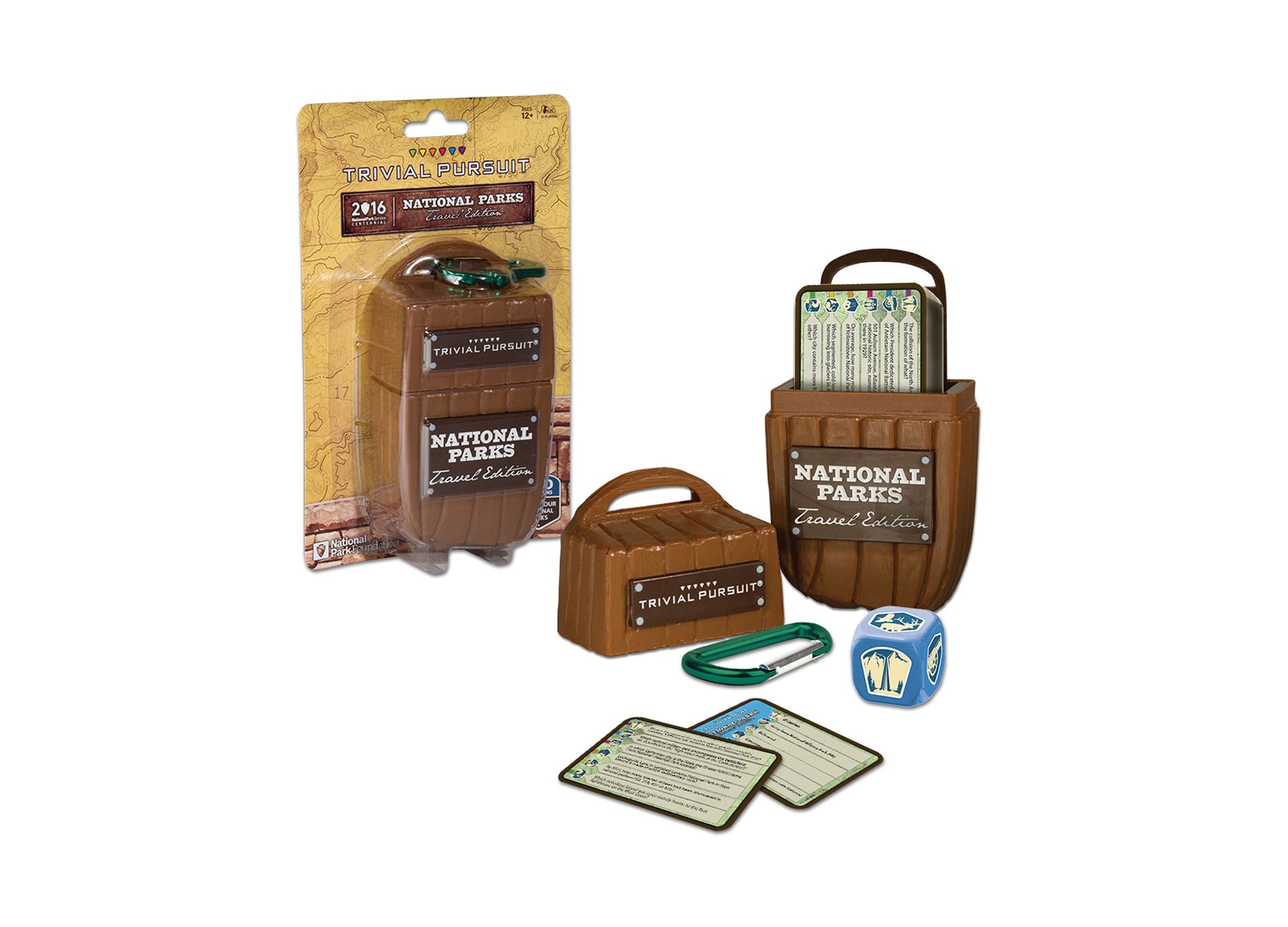 Trivial Pursuit National Parks Travel Edition game showing packaged product on left, and unboxed contents on right including two brown suitcase-shaped cases, ga