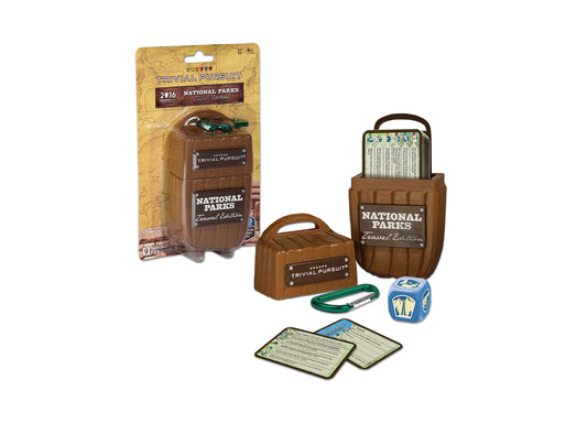 Trivial Pursuit National Parks Travel Edition game showing packaged product on left, and unboxed contents on right including two brown suitcase-shaped cases, ga