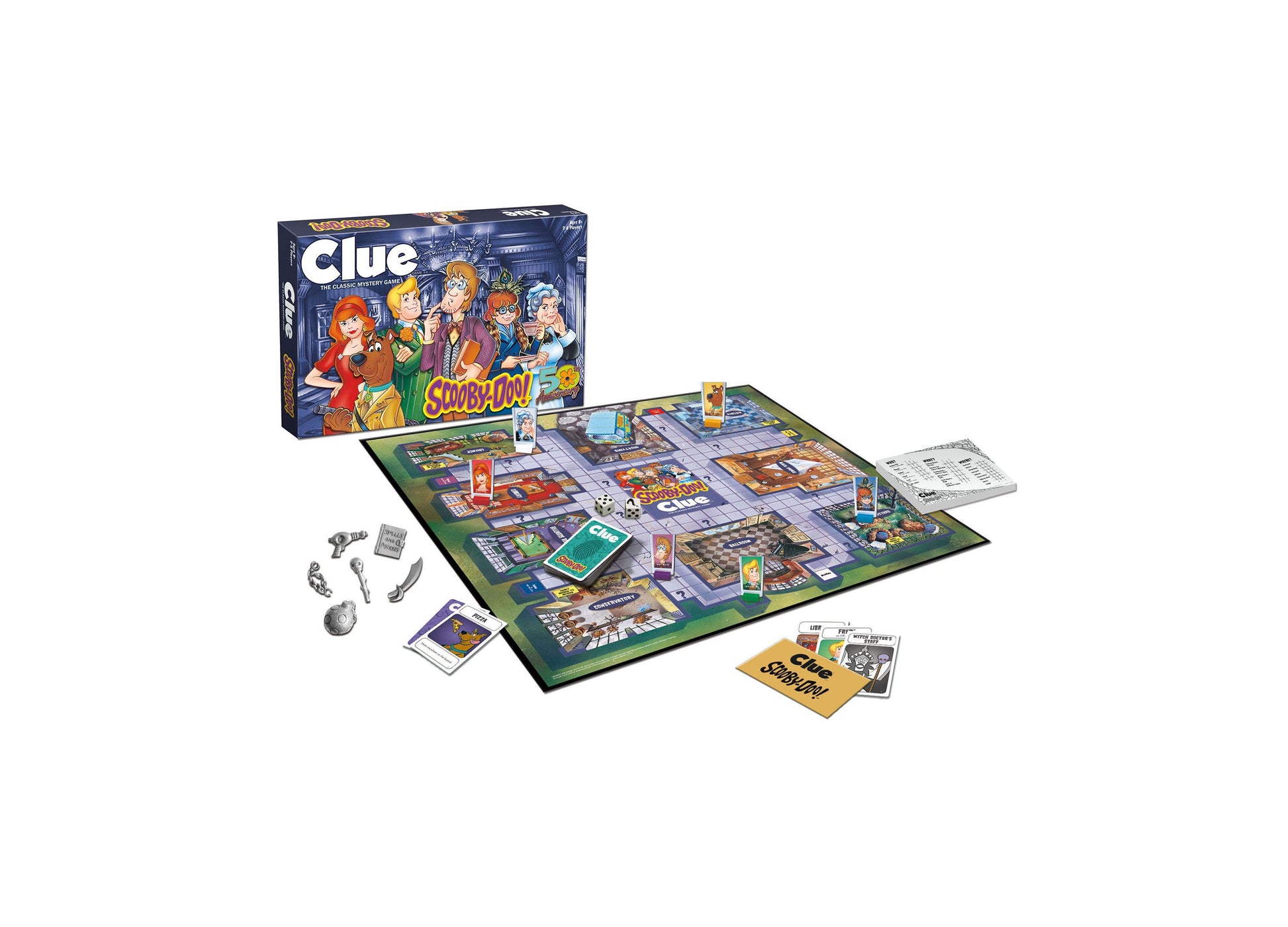 Scooby-Doo Clue board game box and gameplay setup showing game board, character tokens, cards, dice, and instruction sheets on white background
