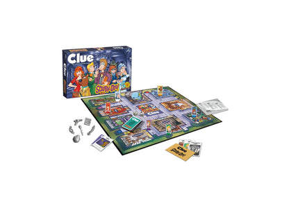 Scooby-Doo Clue board game box and gameplay setup showing game board, character tokens, cards, dice, and instruction sheets on white background
