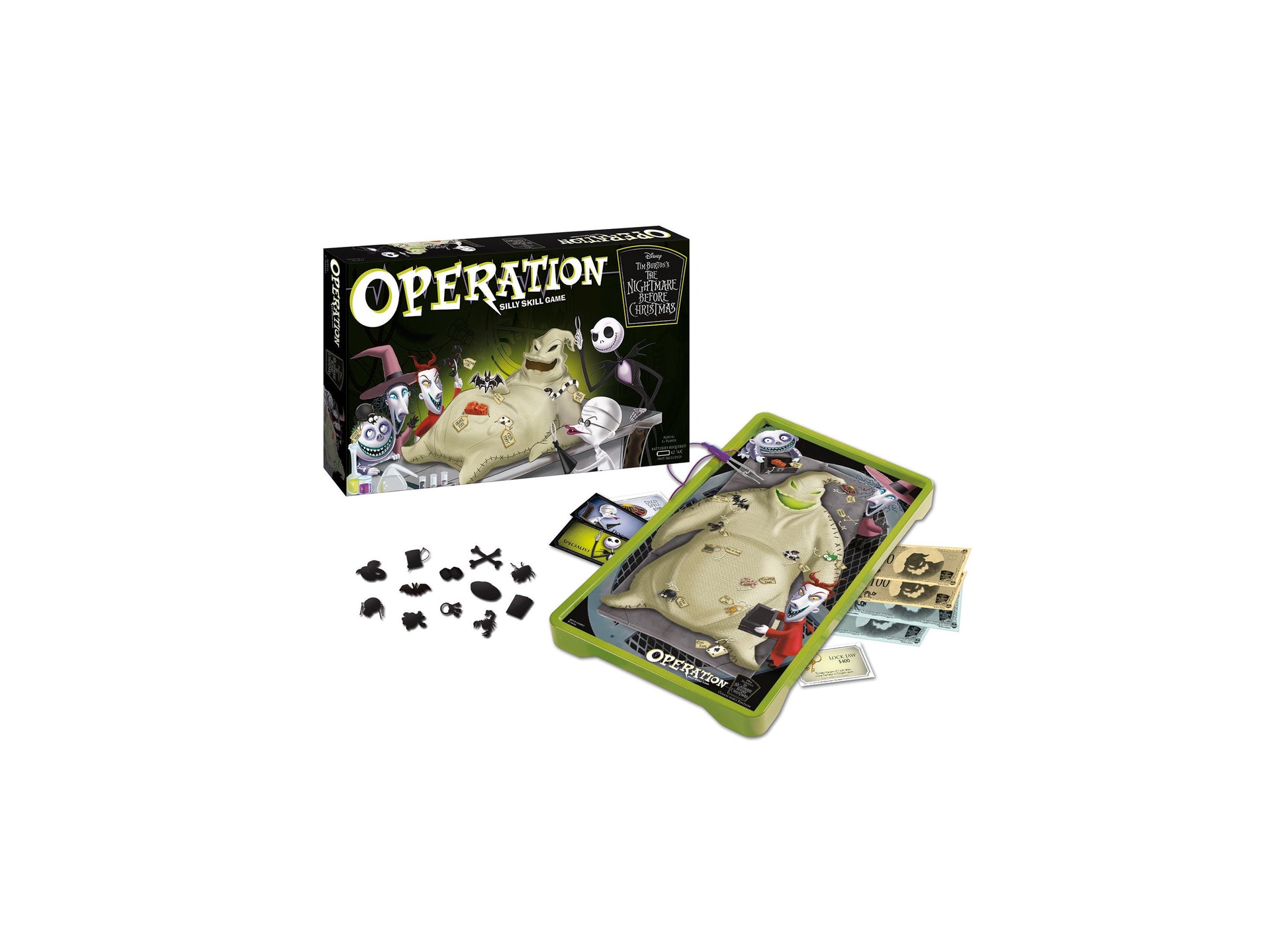 The Nightmare Before Christmas OPERATION Collector's Game box and open game board with green frame, character game pieces, and black medical tools