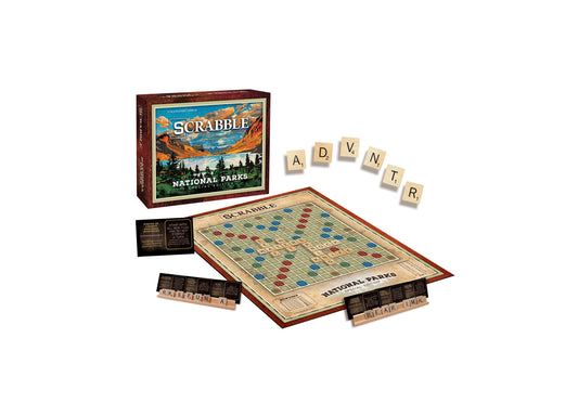 Scrabble National Parks Edition board game with box, game board, wooden letter tiles, and player racks displayed
