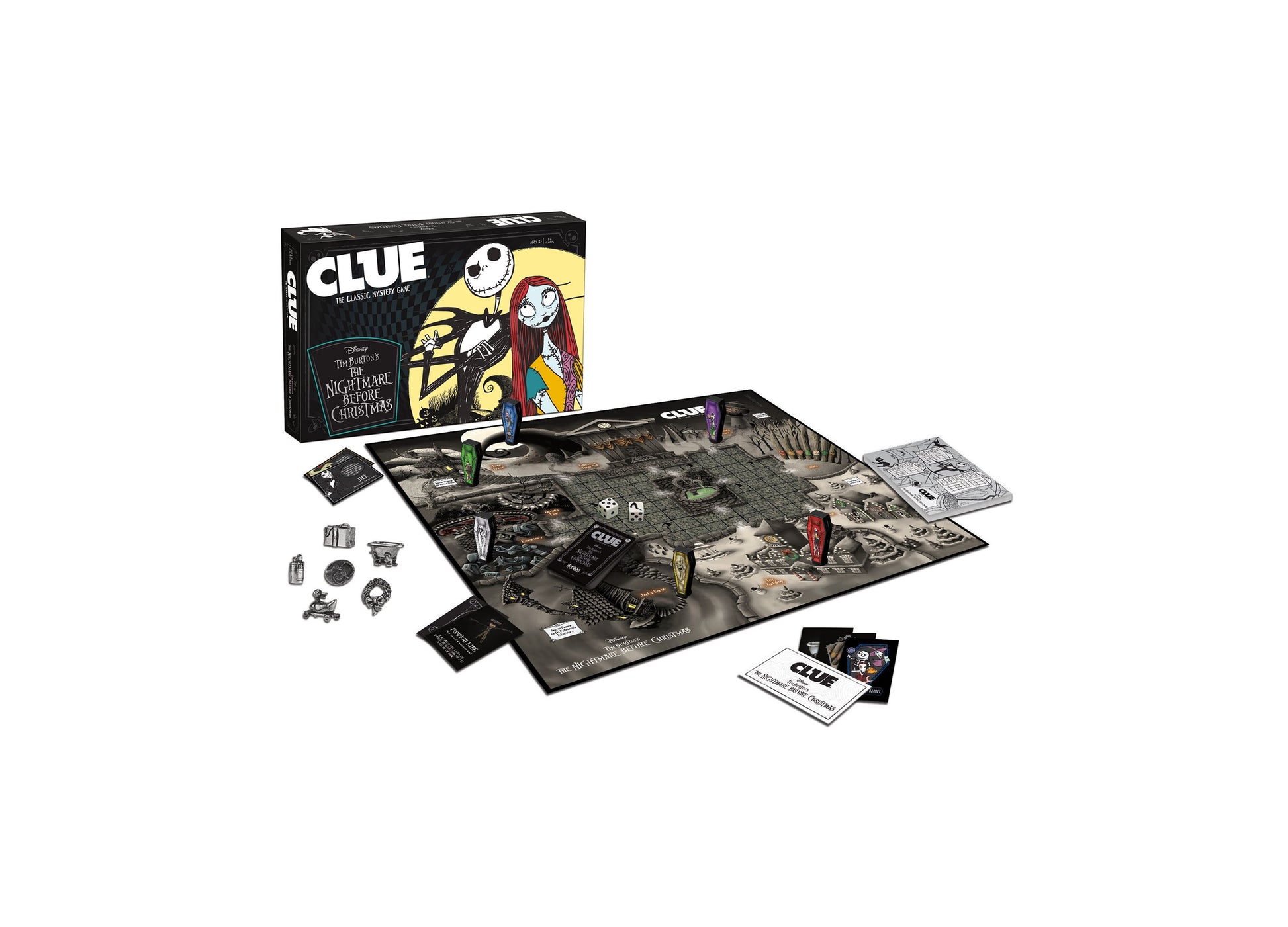 CLUE: Disney Tim Burton's The Nightmare Before Christmas board game displayed with box, game board, character tokens, dice, cards, and instruction manual on pla