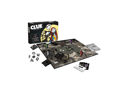 CLUE: Disney Tim Burton's The Nightmare Before Christmas board game displayed with box, game board, character tokens, dice, cards, and instruction manual on pla