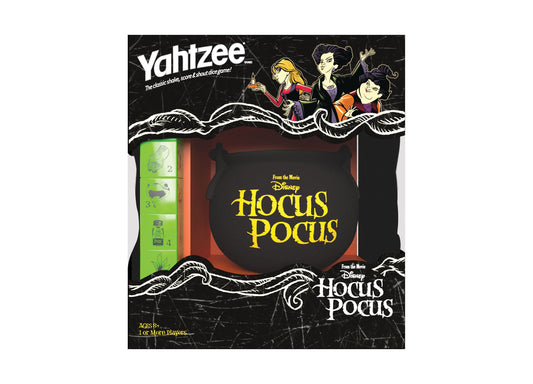 Disney Hocus Pocus Yahtzee board game box featuring the three witches and classic dice game elements with black background and gold text